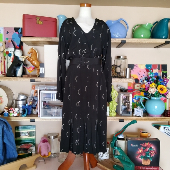 VNTG 80s Albert Nipon Celestial Moon Blouson Dress w/Belt & Dickie Size 6 - Picture 1 of 11